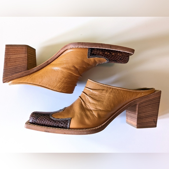 Two Tone Genuine Leather Heeled Western Mules - Picture 1 of 6